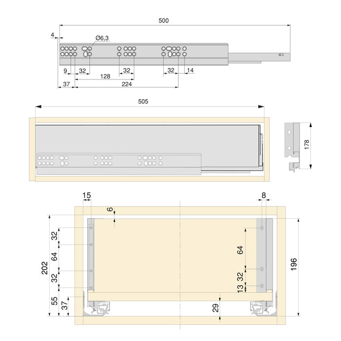 Emuca Kit de cajón para cocina o baño Vertex de altura 178mm con regulación 3D, tableros incluidos, módulo 600mm, Gris antracita
