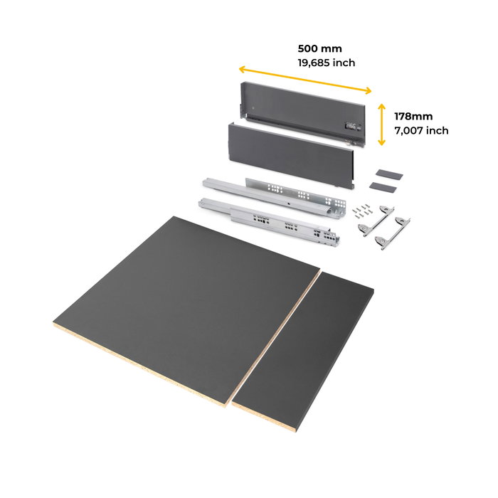 Emuca Kit de cajón para cocina o baño Vertex de altura 178mm con regulación 3D, tableros incluidos, módulo 600mm, Gris antracita Emuca Kit de cajón para cocina o baño Vertex de altura 178mm con regulación 3D, tableros incluidos, módulo 600mm, Gris antracita
