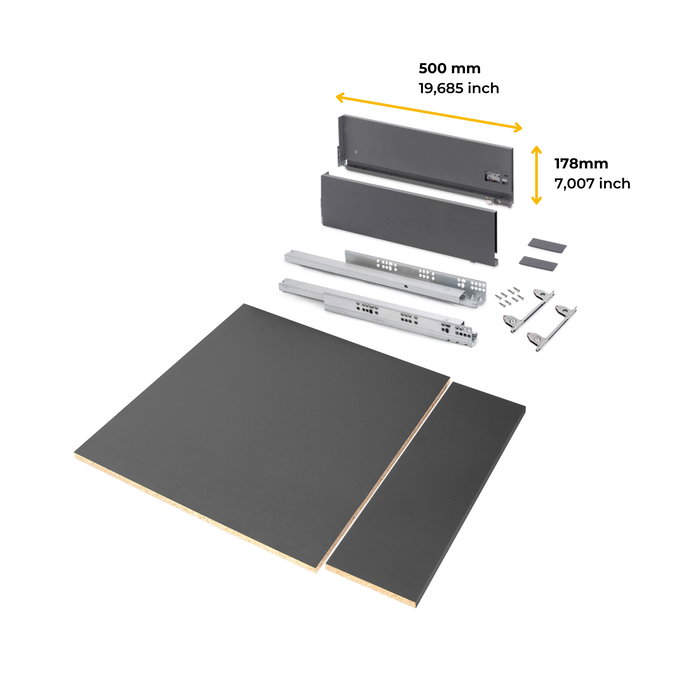 Emuca Kit de cajón para cocina o baño Vertex de altura 178mm con regulación 3D, tableros incluidos, módulo 600mm, Gris antracita