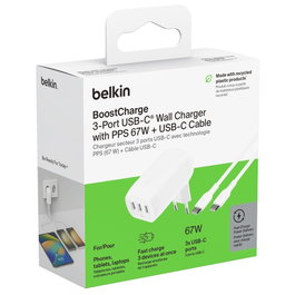 Belkin BOOST Charge 67W con 3 puertos USB-C e incluye cable, Blanco