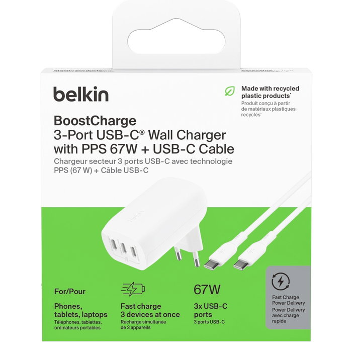 Belkin BOOST Charge 67W con 3 puertos USB-C e incluye cable, Blanco