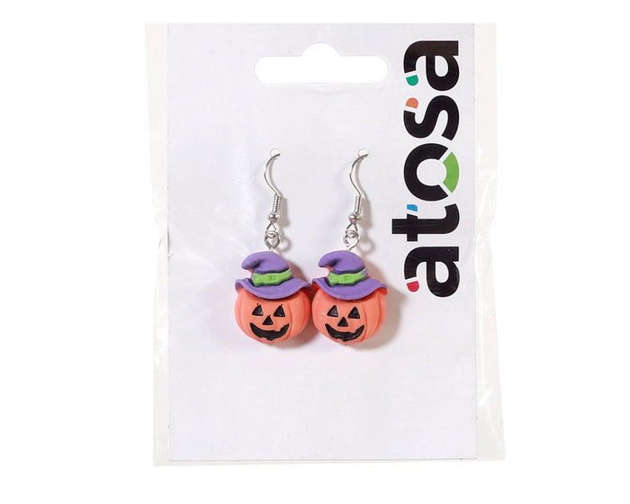 Atosa Pendientes de Calabaza con Sombrero y Detalles Coloridos - Accesorio de Halloween Festivo