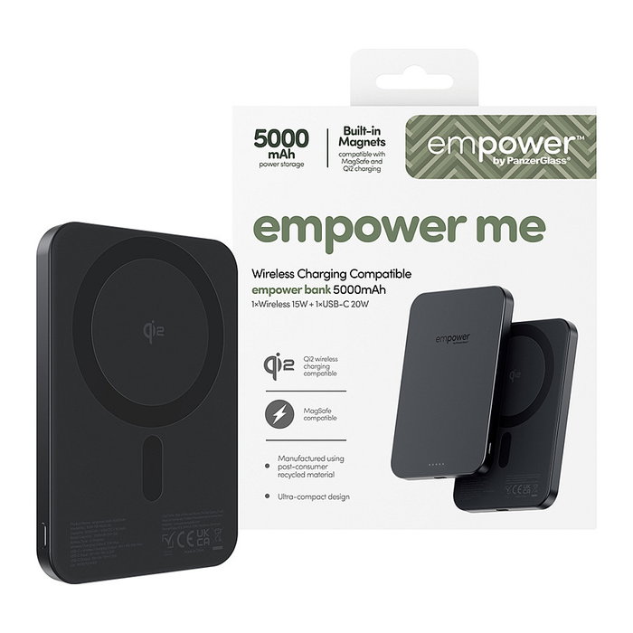 PanzerGlass Power Bank 5000mAh EMPOWER Space Black - Cargador portátil externo, Batería recargable con aluminio reciclado