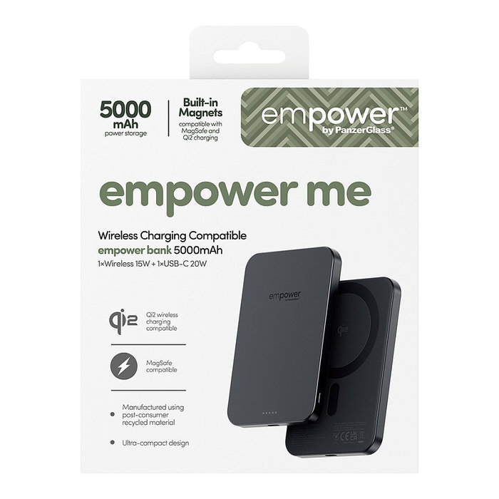 PanzerGlass Power Bank 5000mAh EMPOWER Space Black - Cargador portátil externo, Batería recargable con aluminio reciclado