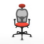Silla de oficina Jorquera con mecanismo Sincro tapizada con Tela color Naranja oscuro y malla color Gris. Equipada con lumbar 1D, Brazos 1D, Cabecero Fijo y Ruedas 65 mm parqué
