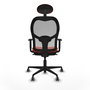 Silla de oficina Jorquera con mecanismo Sincro tapizada con Tela color Naranja oscuro y malla color Gris. Equipada con lumbar 1D, Brazos 1D, Cabecero Fijo y Ruedas 65 mm parqué