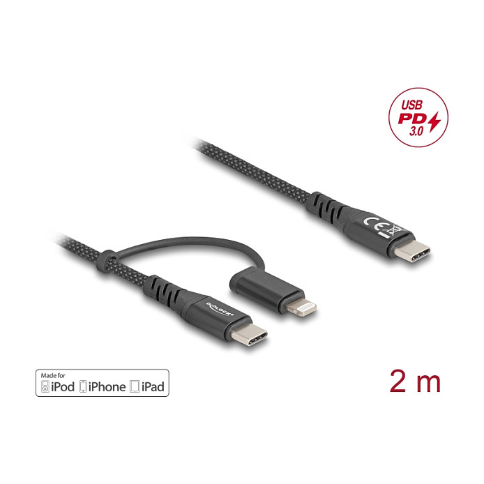 DeLOCK Cable USB 2 en 1 USB Type-C™ a USB Type-C™ / Lightning™ de 2 m, 60 W