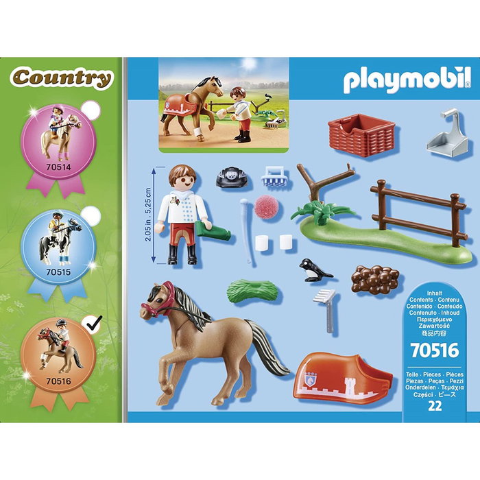 Playmobil Coleccionable Pony Connemara con Accesorios: Manta, Valla, Casco, Cubo, Rastrillo y Más para Juego Diario