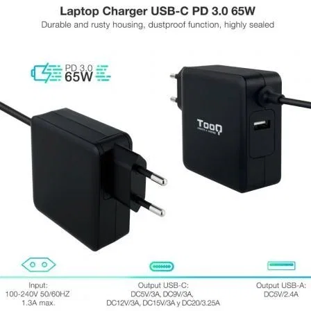 TooQ Cargador Portátil USB-C 65W PD 3.0 TQLC-USBC65PD con 1 Puerto USB-A, 5-20V, para Mac y Laptops