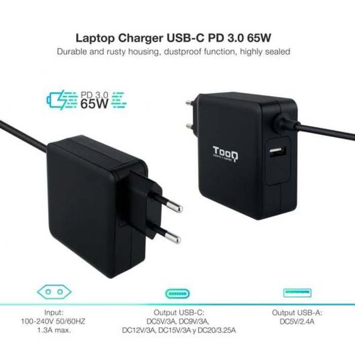 Tooq TQLC-USBC65PD Cargador de Portátil 65W USB-C Negro Tooq TQLC-USBC65PD Cargador de Portátil 65W USB-C Negro