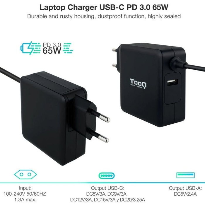 Tooq TQLC-USBC65PD Cargador de Portátil 65W USB-C Negro Tooq TQLC-USBC65PD Cargador de Portátil 65W USB-C Negro