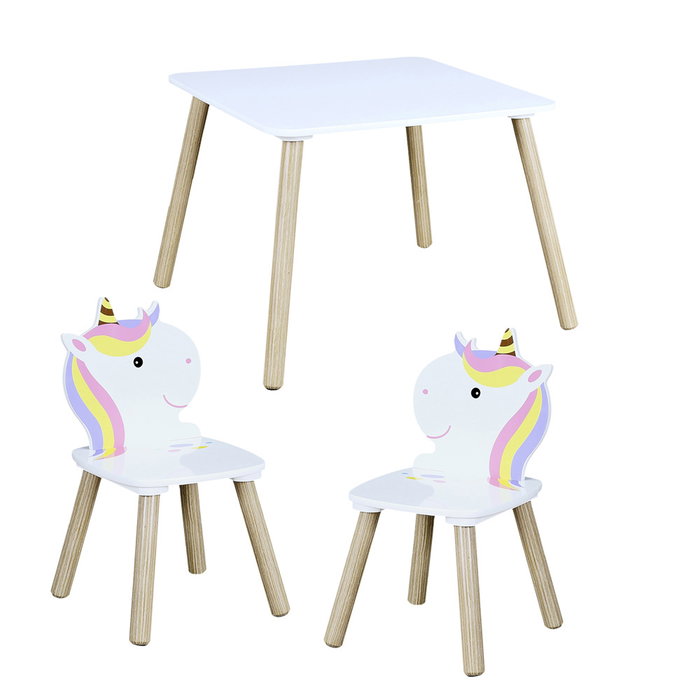 Home Deco Kids Conjunto Mesa y 2 Sillas Infantil Unicornio Licorne 55x55x43 cm Mesa, 28x28x51 cm Silla