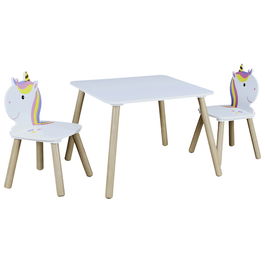Home Deco Kids Conjunto Mesa y 2 Sillas Infantil Unicornio Licorne 55x55x43 cm Mesa, 28x28x51 cm Silla