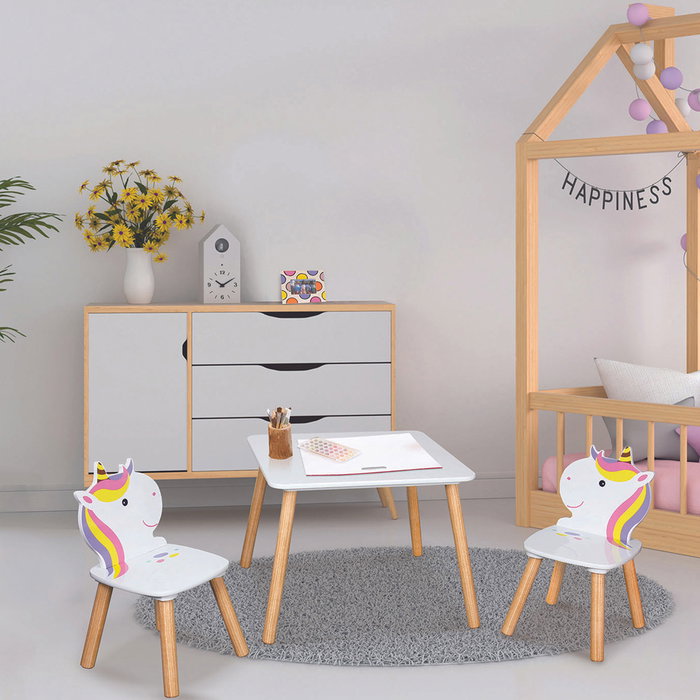 Home Deco Kids Conjunto Mesa y 2 Sillas Infantil Unicornio Licorne 55x55x43 cm Mesa, 28x28x51 cm Silla