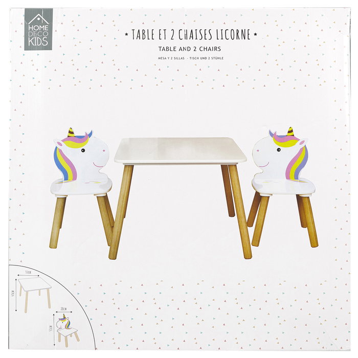 Home Deco Kids Conjunto Mesa y 2 Sillas Infantil Unicornio Licorne 55x55x43 cm Mesa, 28x28x51 cm Silla