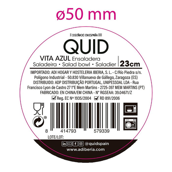 Ensaladera Cerámica Vita Azul Quid 23 cm (12 Unidades)