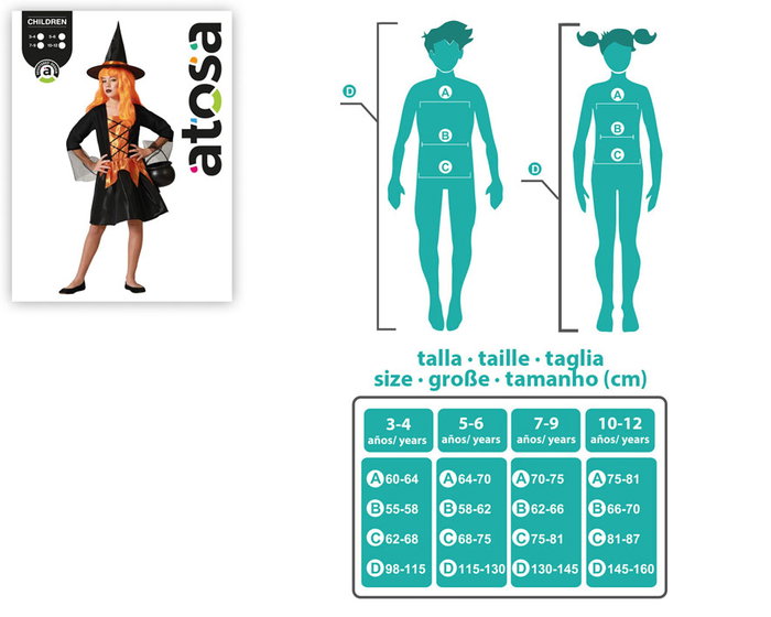Disfraz Infantil de Bruja con Vestido Corto y Sombrero Naranja Halloween 7-9 Años