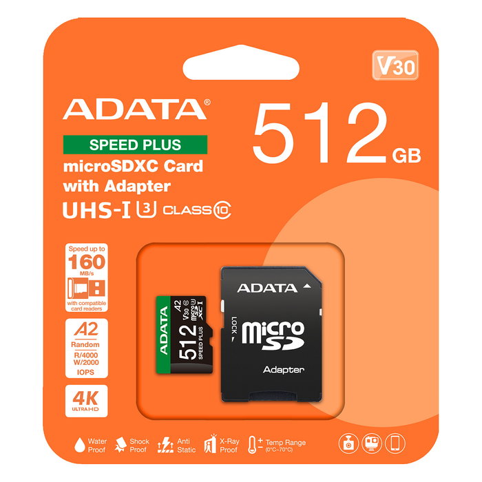 ADATA Speed Plus microSDXC Tarjeta de Memoria 512 GB UHS-I U3 V30 A2 Class 10 - 180 MB/s Lectura, 160 MB/s Escritura