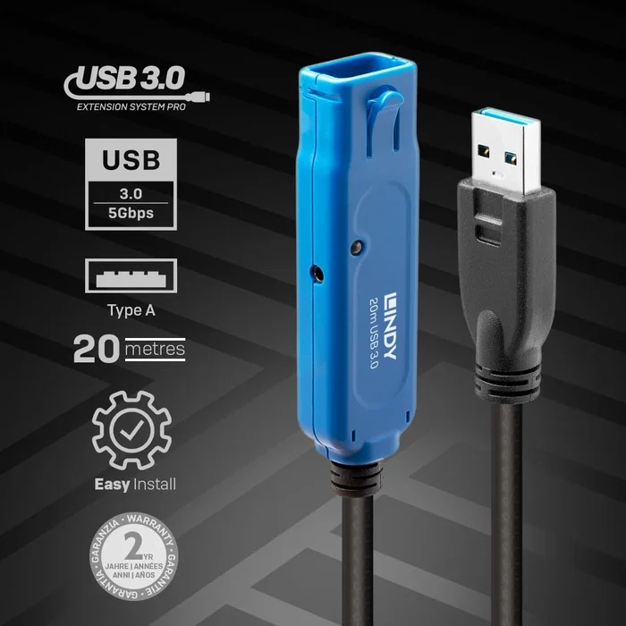 Lindy USB 3.0 Active Extension Pro 20m Negro