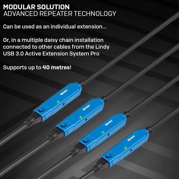 Lindy USB 3.0 Active Extension Pro 20m Negro