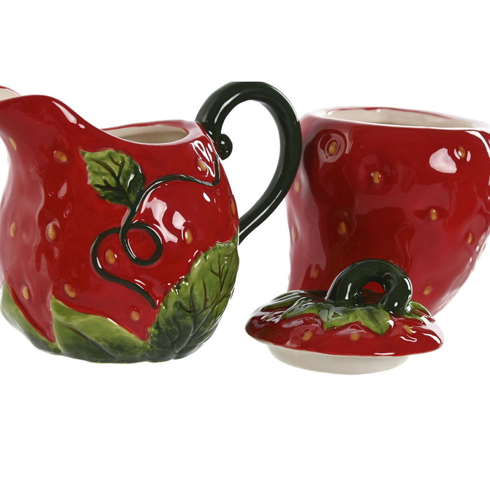 DKD Home Decor Set de Azucarero y Lechera Lechera Fresa Rojo en Gres