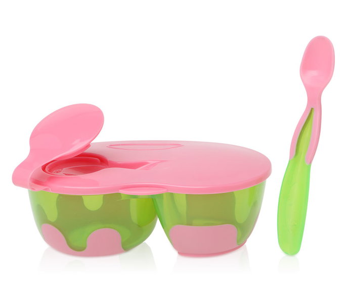 KioKids Cuenco Doble Antideslizante con Tapa y Cuchara para Bebé, Rosa y Verde, +4 Meses, Gran Capacidad KioKids Cuenco Doble Antideslizante con Tapa y Cuchara para Bebé, Rosa y Verde, +4 Meses, Gran Capacidad