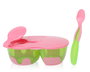 KioKids Cuenco Doble Antideslizante con Tapa y Cuchara para Bebé, Rosa y Verde, +4 Meses, Gran Capacidad