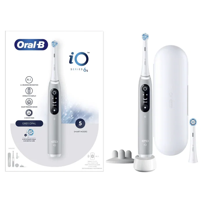 Oral-B Cepillo Dental Eléctrico iO Series 6S Gris Opal con 5 Modos, Sensor de Presión y APP, Temporizador 2 Min, Incluye 2 Cabezales y Maletín de Viaje