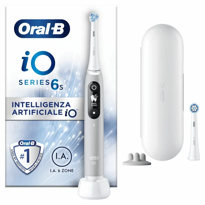 Oral-B Cepillo Dental Eléctrico iO Series 6S Gris Opal con 5 Modos, Sensor de Presión y APP, Temporizador 2 Min, Incluye 2 Cabezales y Maletín de Viaje