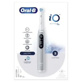 Oral-B Cepillo Dental Eléctrico iO Series 6S Gris Opal con 5 Modos, Sensor de Presión y APP, Temporizador 2 Min, Incluye 2 Cabezales y Maletín de Viaje