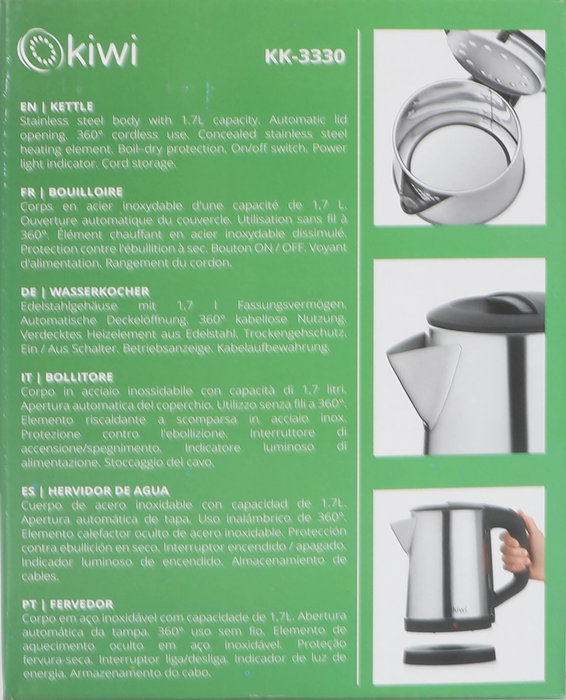 Kiwi Hervidor De Agua De Acero Inoxidable 1.7L - 1800W (4 Unidades)