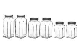 Hermia SHYMIX6LI Juego de 6 Tarros de Cristal para Cocina con Tapa Plateada, Almacenamiento Versátil para Ingredientes y Aperitivos, Vidrio de Alta Calidad