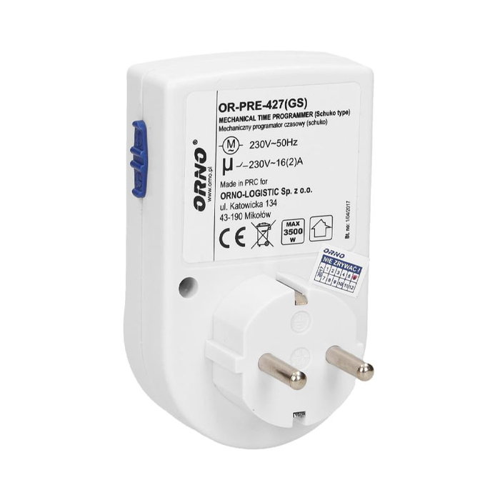 ORNO Enchufe Schuko ORPRE427 con Temporizador Mecánico 24H, 1 Toma, Programable para Electrodomésticos