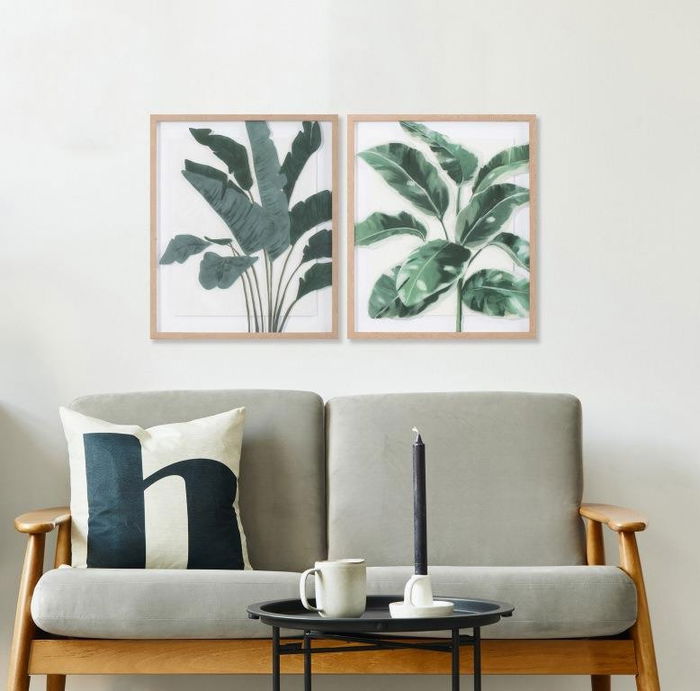 DKD Home Decor Cuadro Natural Blanco Hojas Cristal Ps 63 x 53 x 3 cm (2 Unidades)