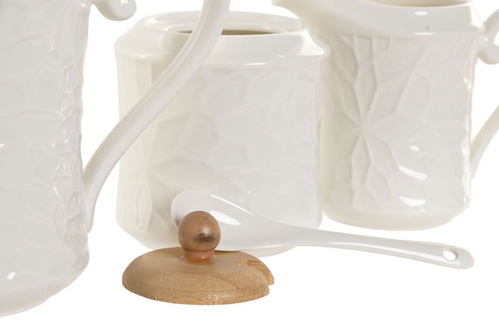 DKD Home Decor Pengjia flower 2025 Tetera, Set de 4, Blanco/Natural, Porcelana/Bambú, 21 x 20.5 x 23 cm