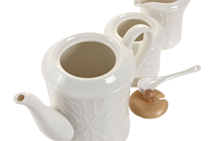 DKD Home Decor Pengjia flower 2025 Tetera, Set de 4, Blanco/Natural, Porcelana/Bambú, 21 x 20.5 x 23 cm