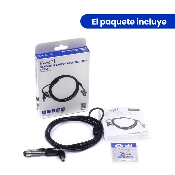 Ewent EW1239 Cable de Seguridad para Portátil con Ranura NANO, Compatible HP, Cable Acero 1.8m, Candado con Llave, Protección Antirrobo para Laptop, Monitor, TV