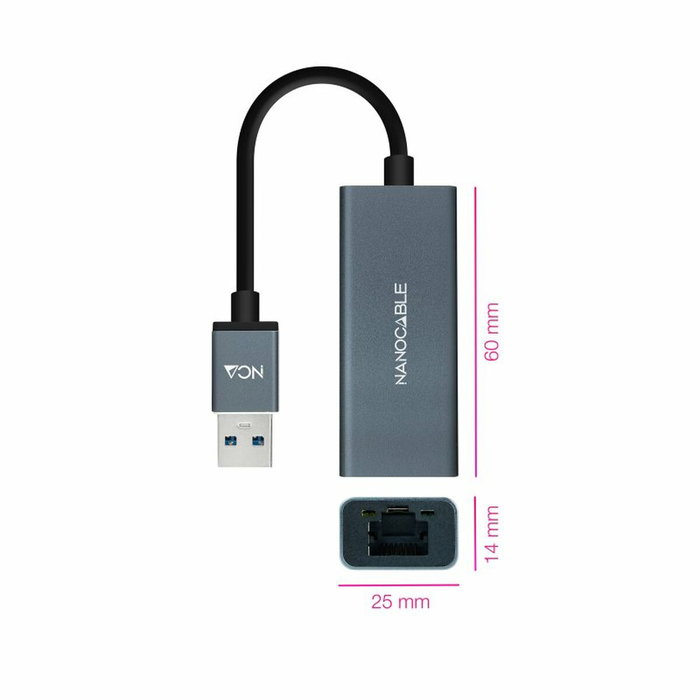 Nanocable Conversor USB 3.0 a Ethernet Gigabit 10/100/1000 Mbps, Aluminio, Gris, 15 cm