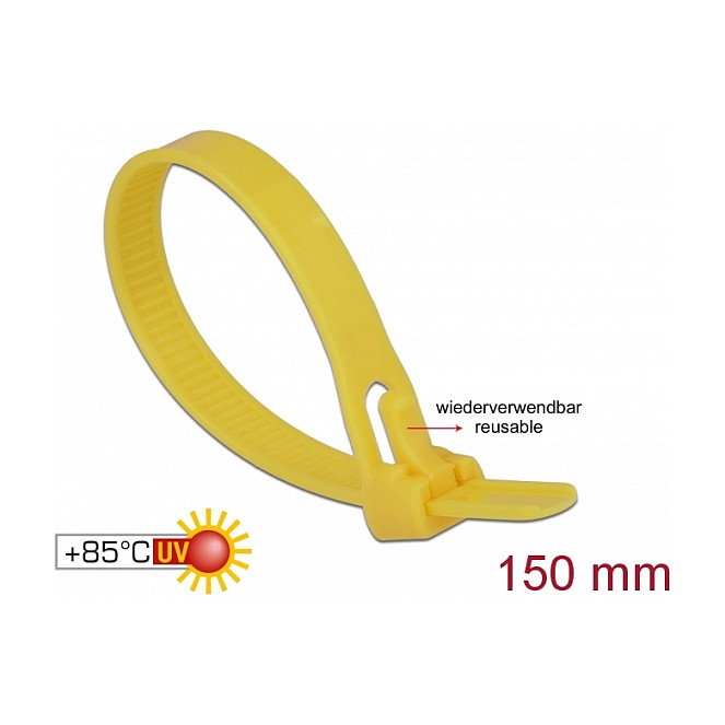 DeLOCK 18760 Brida reutilizable resistente al calor, 150 x 7,5 mm, Amarillo, 100 piezas