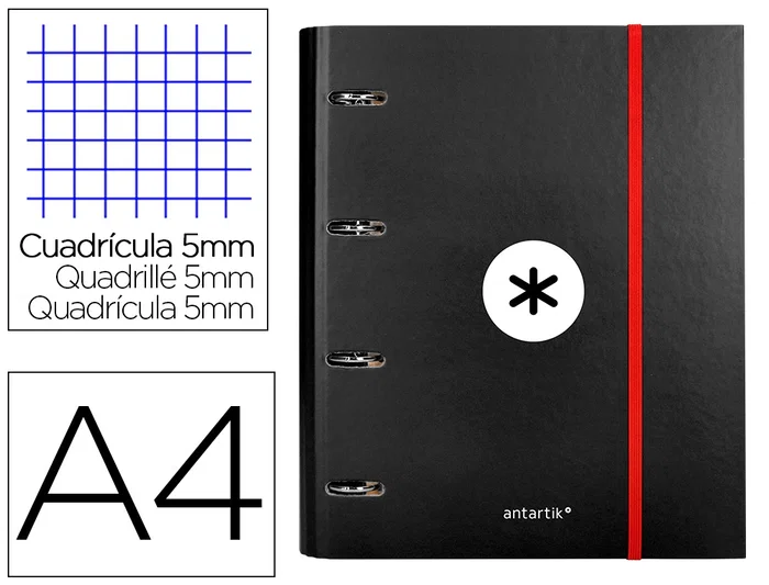Antartik Carpeta con recambio A4 cuadro 5mm forrada 4 anillas 40mm redondas con solapa color negro Antartik Carpeta con recambio A4 cuadro 5mm forrada 4 anillas 40mm redondas con solapa color negro