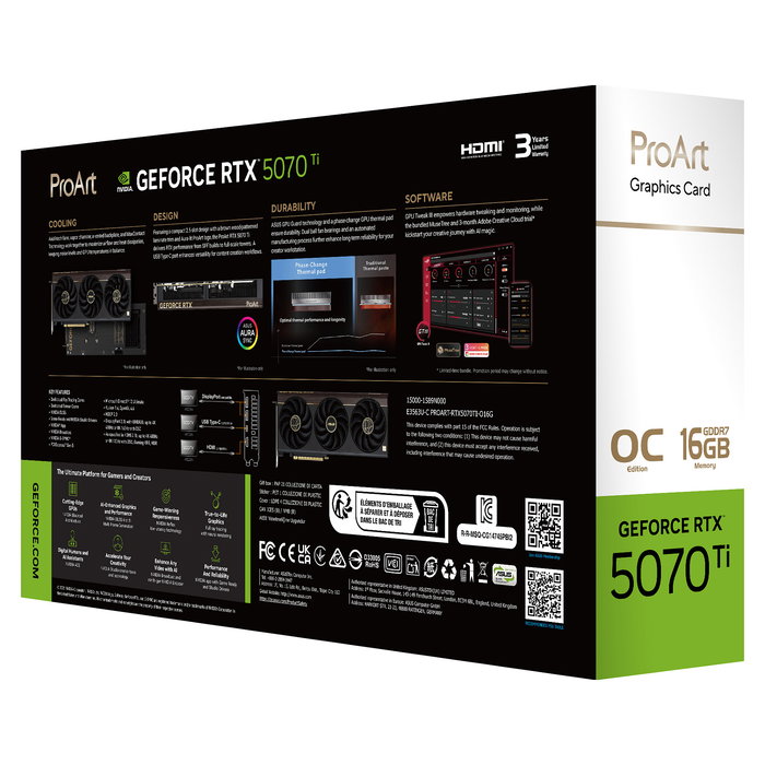 ASUS ProArt RTX5070TI-O16G GeForce RTX 5070 Ti 16GB GDDR7 OC Tarjeta Gráfica PCIe 5.0 con 3 Ventiladores para Creación de Contenido