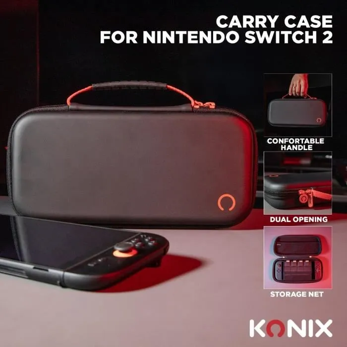 Konix Estuche Protector y de Transporte para Nintendo Switch 2 Negro con Red para Guardar Accesorios y 8 Compartimentos para Juegos