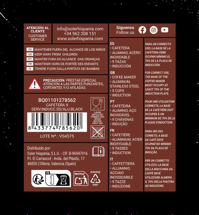 Inde Cafetera 9 servicios Inducción Acero Inoxidable/Aluminio Negro 11,7 cm ancho x 20,7 cm alto x 19 cm largo (6 Unidades)