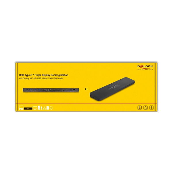 DeLOCK Docking Station USB Type-C Triple Pantalla DisplayLink 4K, Ethernet Gigabit, PD 80W, Lector SD/MicroSD, Compatible Windows/Mac - Negro
