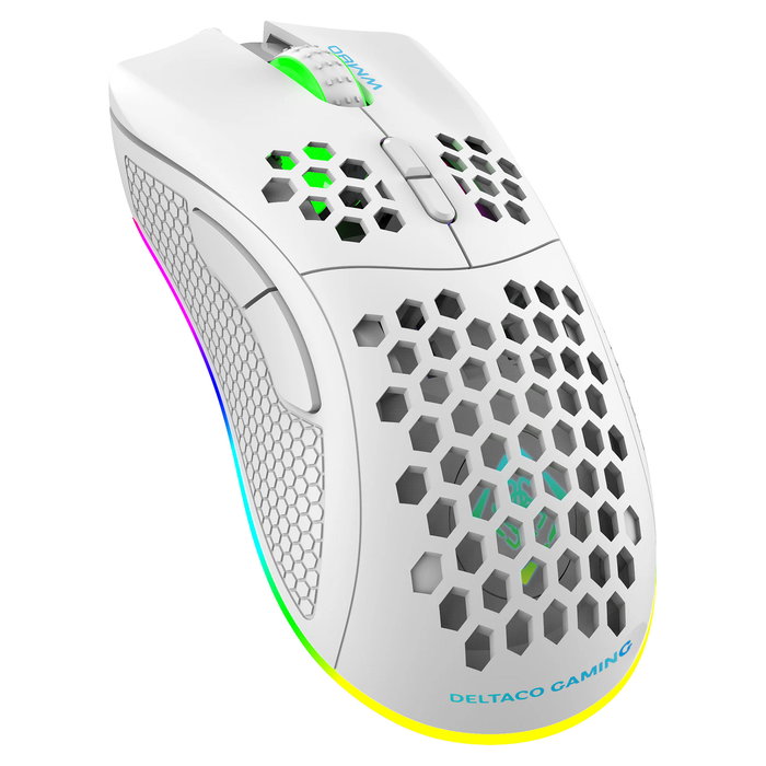 Deltaco GAM-120-W Ratón Gaming Inalámbrico y Alámbrico RGB Blanco, 4800 DPI, 7 Botones, Ergonomico para Mano Derecha, Bluetooth + USB Tipo-A, 1 ms