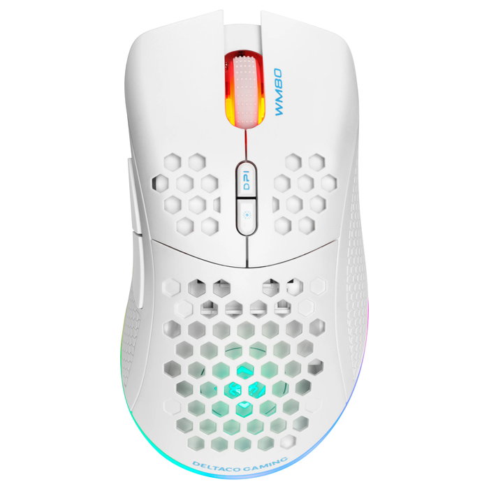 Deltaco GAM-120-W Ratón Gaming Inalámbrico y Alámbrico RGB Blanco, 4800 DPI, 7 Botones, Ergonomico para Mano Derecha, Bluetooth + USB Tipo-A, 1 ms