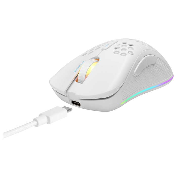 Deltaco GAM-120-W Ratón Gaming Inalámbrico y Alámbrico RGB Blanco, 4800 DPI, 7 Botones, Ergonomico para Mano Derecha, Bluetooth + USB Tipo-A, 1 ms