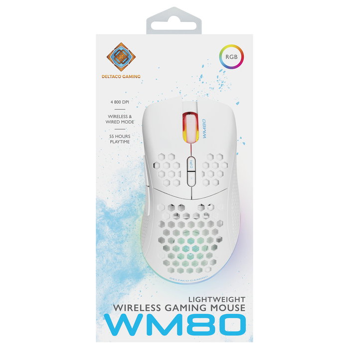 Deltaco GAM-120-W Ratón Gaming Inalámbrico y Alámbrico RGB Blanco, 4800 DPI, 7 Botones, Ergonomico para Mano Derecha, Bluetooth + USB Tipo-A, 1 ms