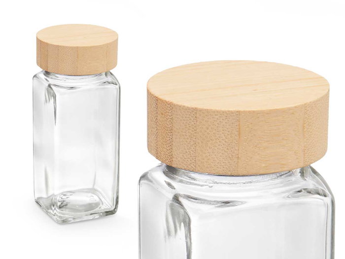 Kinvara Especiero con Tapa de Bambú y Vidrio, 200 ml, 4x10x4 cm, Color Bambú y Transparente (Set de 48)