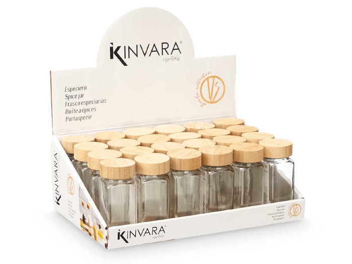 Kinvara Especiero con Tapa de Bambú y Vidrio, 200 ml, 4x10x4 cm, Color Bambú y Transparente (Set de 48)